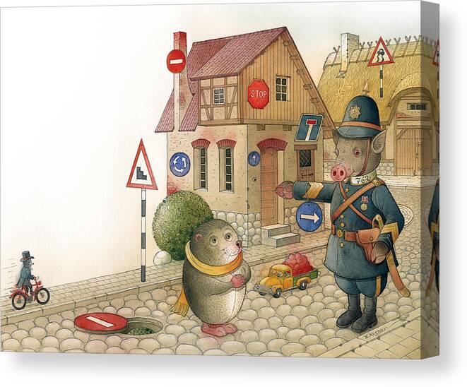 Hedgehog Traffic Street Signs Police Policeman Canvas Print featuring the drawing Hedgehog by Kestutis Kasparavicius