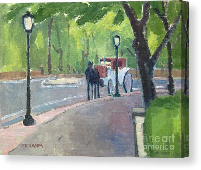 Horse Carriage Canvas Print featuring the painting Horse Carriage in Central Park - New York City by Paul Strahm