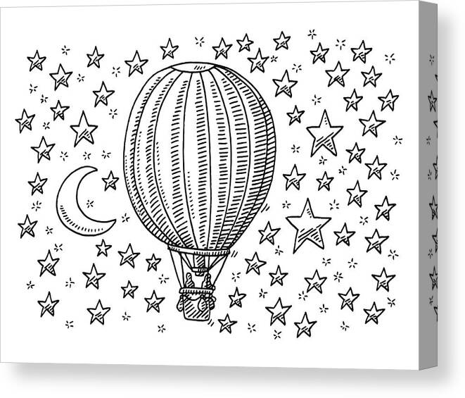Shadow Canvas Print featuring the drawing Hot Air Balloon Flying To The Moon And Stars Drawing by FrankRamspott
