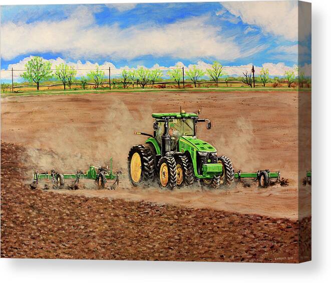 Farming Canvas Print featuring the painting John Deere 8345R Tractor Pulling a Cultivator by Karl Wagner