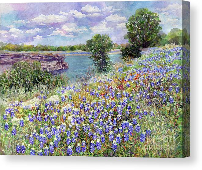 Shoreline Bluebonnet Canvas Print featuring the painting Lakeside Bloom - pastel colors by Hailey E Herrera