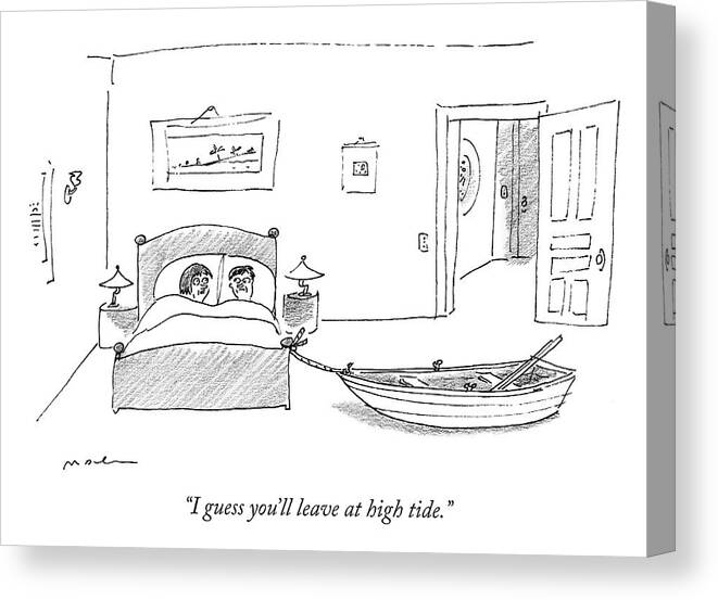 “i Guess You’ll Leave At High Tide.” Bed Canvas Print featuring the drawing Leave At High Tide by Michael Maslin
