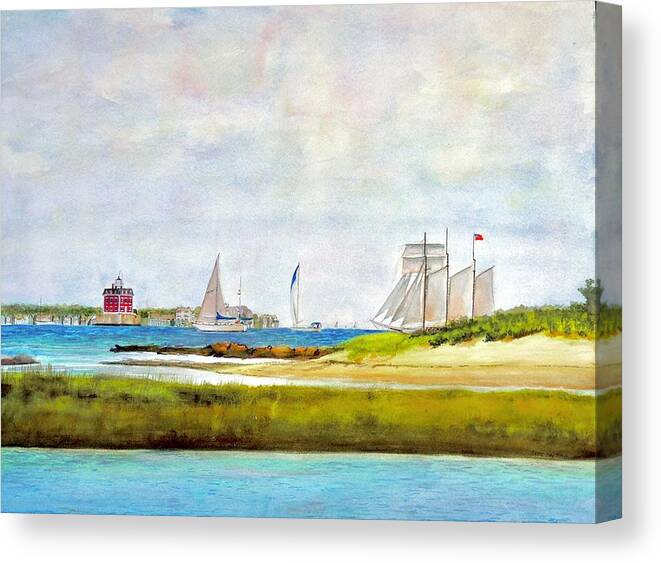 New London Ct Schooner Race Canvas Print featuring the painting Ledge Light Lighthouse New London Waterford Beach CT by Patty Kay Hall