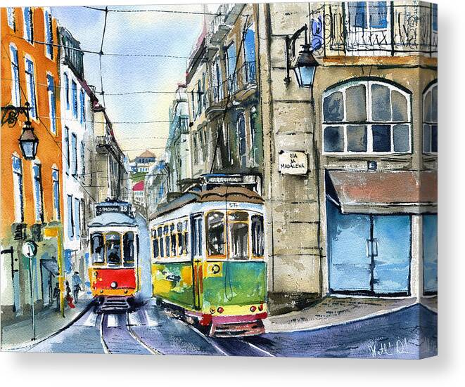 Lisboa Canvas Print featuring the painting Lisbon Trams at Rua Da Madalena by Dora Hathazi Mendes