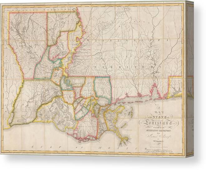 Map of the State of Louisiana With Part Of The Mississippi Territory from  Actual Survey By Wm Darby Entered th day of April Philadelphia circa Canvas  Print / Canvas Art by William