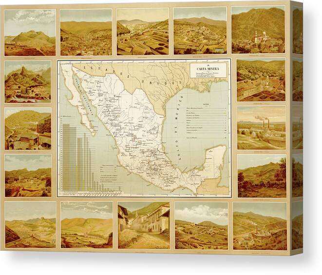 Mexico Canvas Print featuring the drawing Mineralogical Map of Mexico by Vintage Maps