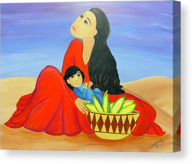 Southwestern Art Canvas Print featuring the painting Mother and Corn by Christina Wedberg