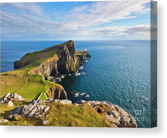 Neist Point Canvas Print featuring the photograph Neist Point and Lighthouse, Isle of Skye, Scotland by Neale And Judith Clark