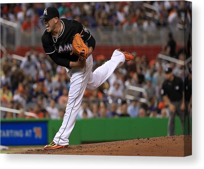 People Canvas Print featuring the photograph New York Mets v Miami Marlins by Mike Ehrmann