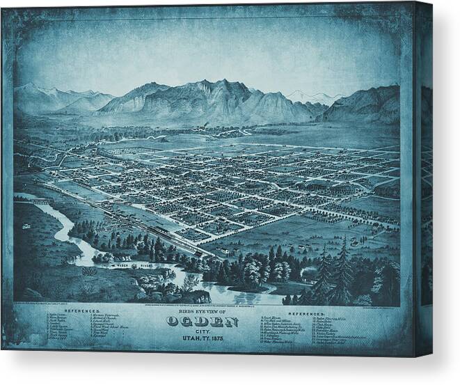 Ogden Canvas Print featuring the photograph Ogden Utah Vintage Map Birds Eye View 1875 Blue by Carol Japp