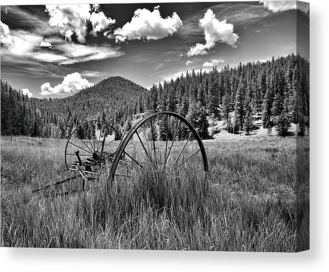 Black And White Canvas Print featuring the photograph Old Machinery in Field by Bob Falcone