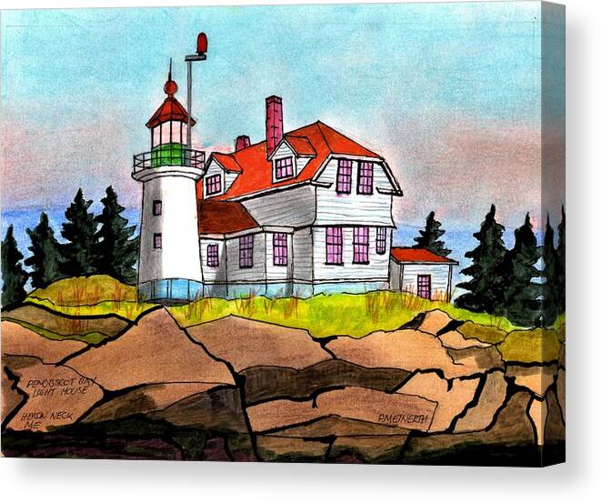 Paul Mienerth Canvas Print featuring the drawing Penobscot Bay Lighthouse by Paul Meinerth