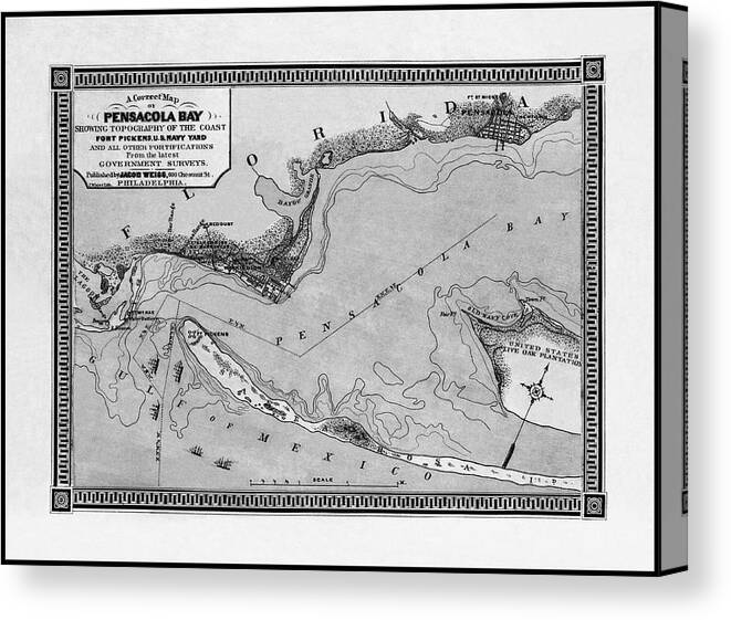 Florida Map Canvas Print featuring the photograph Pensacola Bay Florida Vintage Map 1860 Black and White by Carol Japp