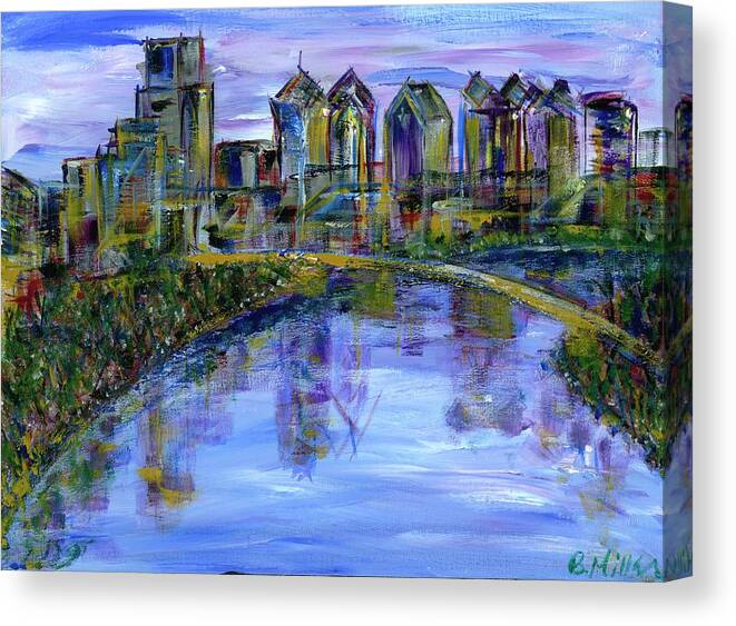  Canvas Print featuring the painting Philly Skyline with River by Britt Miller