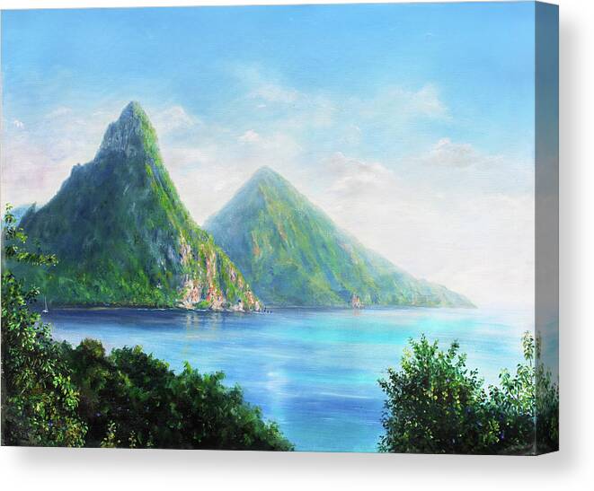 Saint Lucia. Pitons Canvas Print featuring the painting Pitons- early afternoon by Jonathan Guy-Gladding JAG
