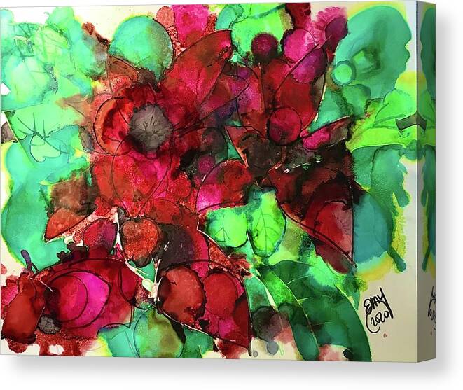 Pointsetta Canvas Print featuring the painting Poinsetta Abstract in Alcohol Ink by Eileen Backman