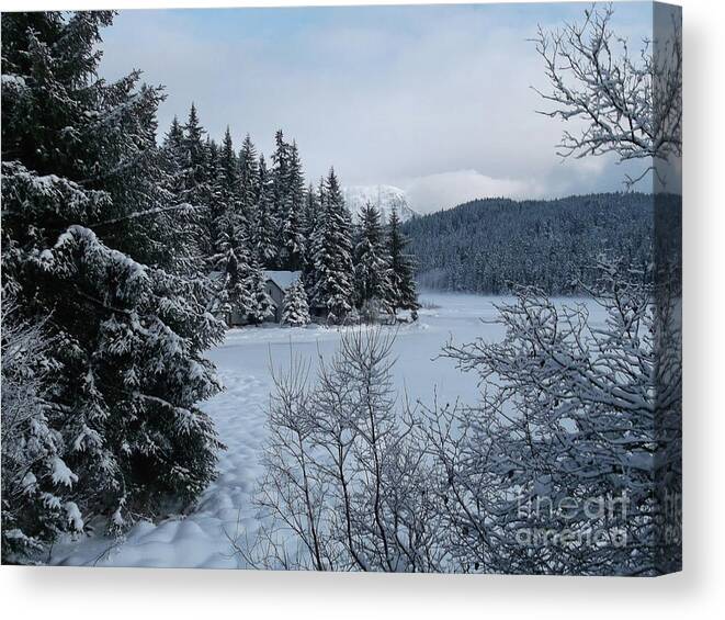 #alaska #juneau #ak #cruise #tours #vacation #peaceful #aukelake #snow #winter #cold #postcard #morning #dawn Canvas Print featuring the photograph Postcard-esque by Charles Vice