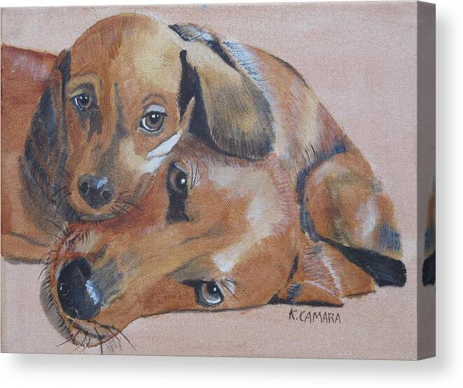 Pets Canvas Print featuring the painting Puppies Cuddling by Kathie Camara