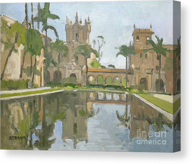 Reflection Pond Canvas Print featuring the painting Reflections in the Lily Pond - Balboa Park, San Diego, California by Paul Strahm