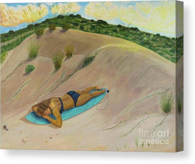 Surfer Girl Canvas Print featuring the painting Resting in the Dunes by Jenn C Lindquist