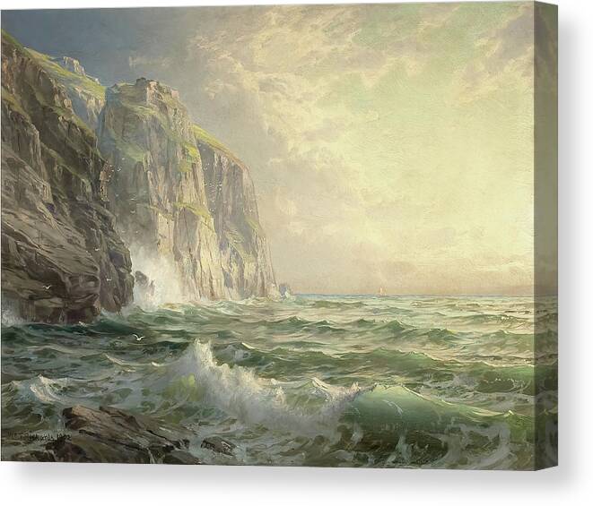 Cornwall William Trost Richards Canvas Print featuring the painting Rocky Cliff with Stormy Sea by William Trost Richards by Mango Art