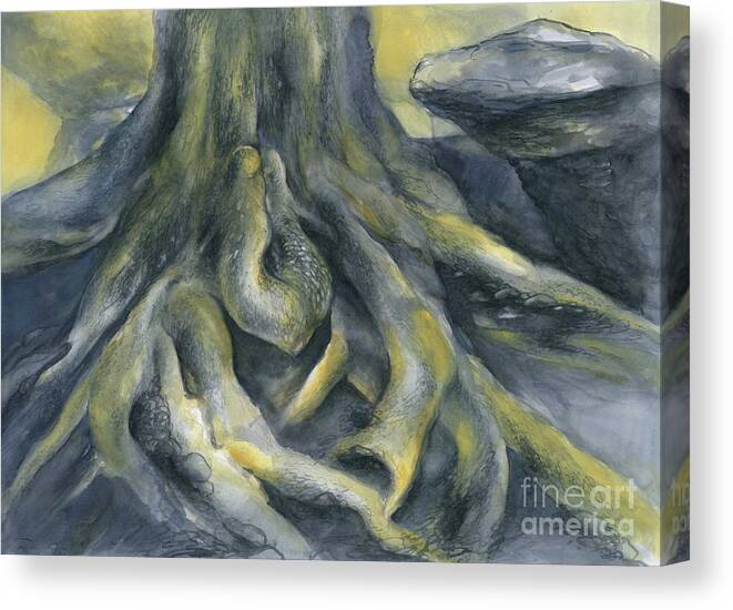 Root Canvas Print featuring the painting Root on the rock plateau by Adriana Mueller