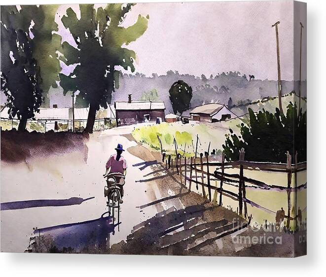 Road Canvas Print featuring the painting Rural scene Painting road rural scene summer trees france norman by N Akkash