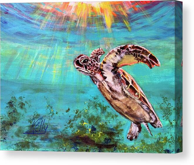 Sea Turtle Canvas Print featuring the painting Sea Turtle Catching Some Rays by Kelly Smith