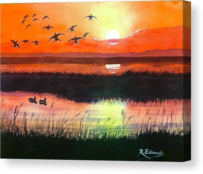 Ducks Canvas Print featuring the painting Settling at Sundown by Raymond Edmonds
