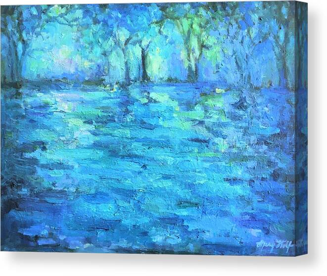 Landscape Canvas Print featuring the painting Shimmering Watery Glade by Mary Wolf