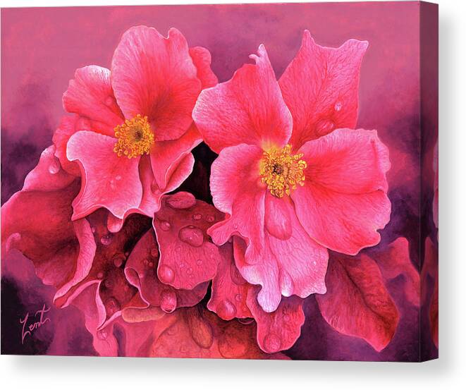 #songsof #roses #sister #named #water #droplets #red #garden #roses Canvas Print featuring the painting Songs Of Wild Roses by June Pauline Zent