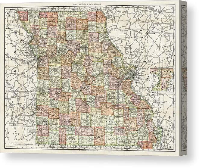 Missouri Canvas Print featuring the photograph State of Missouri Antique Map 1892 by Carol Japp