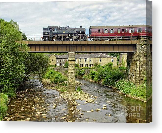 Water Canvas Print featuring the photograph Steam train on Brooksbottom Viaduct. by David Birchall