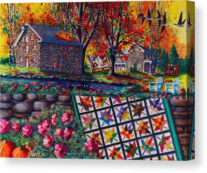 Landscape Of Stone Mill Autumn Crossing Canvas Print featuring the painting Stone Mill Autumn Crossing by Diane Phalen