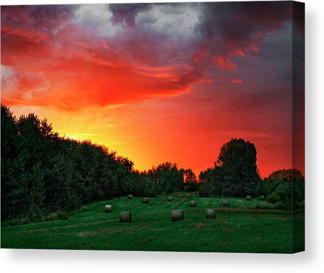 Landscape Canvas Print featuring the photograph Sunrise and Bales by Dan Jurak
