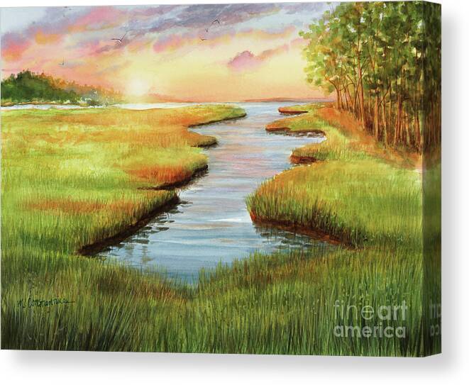 Sunset At Mill Creek Watercolor Canvas Print featuring the painting Sunset at Mill Creek Watercolor by Michelle Constantine