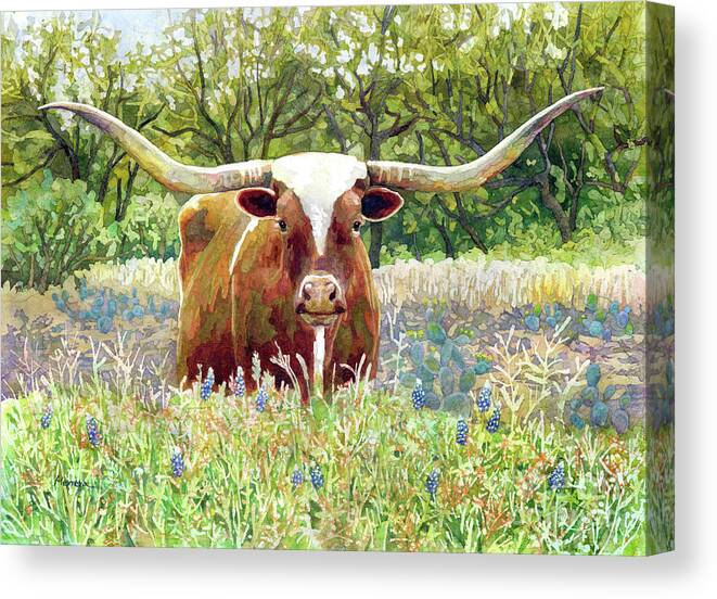 Longhorn Canvas Print featuring the painting Texas Longhorn-pastel colors by Hailey E Herrera