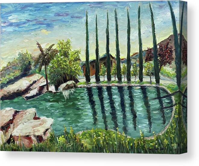 Gershon Bachus Vintners Canvas Print featuring the painting The Pond at Gershon Bachus Vintners Temecula by Roxy Rich