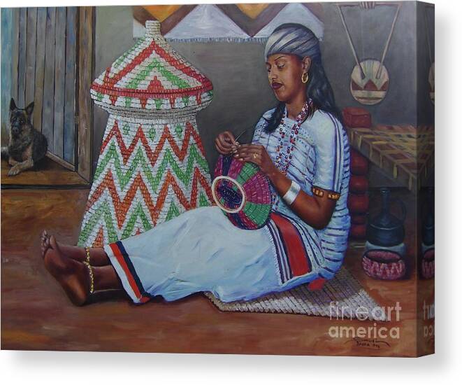 Ethiopian Art Canvas Print featuring the painting The weaving lady by Samuel Daffa
