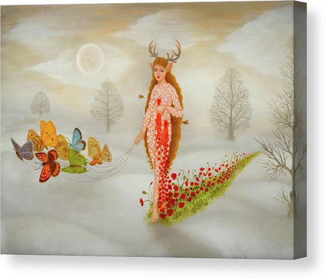 A Goddess Of Broken Hearts And Wounds In A Snow-scape Giving Birth To Flowers Canvas Print featuring the painting The wounded healer... by Tino Rodriguez