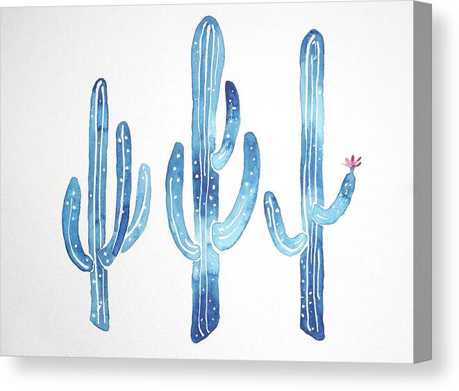 Three Canvas Print featuring the painting Three Blue Cactus by Luisa Millicent