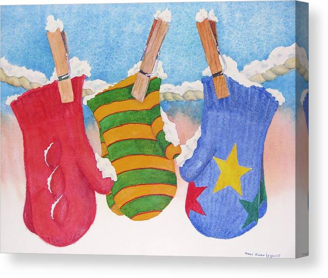 Christmas Card Canvas Print featuring the painting Three Little Mittens by Mary Ellen Mueller Legault