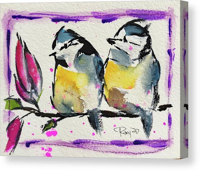 Fat Birds Cute Birds Canvas Print featuring the painting Two Fat Tits by Roxy Rich