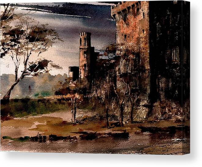  Canvas Print featuring the painting Twylight storm on Blarney Castle, Cork by Val Byrne