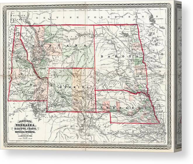 Nebraska Canvas Print featuring the photograph Vintage Map Nebraska Dakota Idaho Montana and Wyoming 1865 by Carol Japp