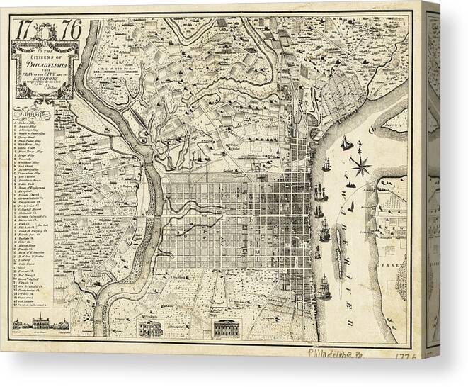 Philadelphia Canvas Print featuring the photograph Vintage Map of Philadelphia Pennsylvania 1776 by Carol Japp