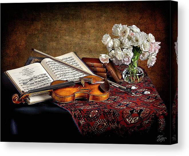 Strad Canvas Print featuring the photograph Violin and Flowers by Endre Balogh