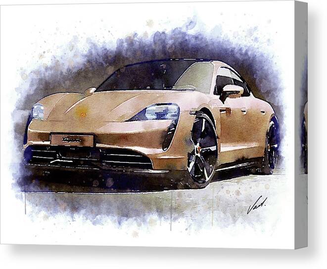 Watercolor Canvas Print featuring the painting Watercolor Porsche Taycan - oryginal artwork by Vart. by Vart Studio