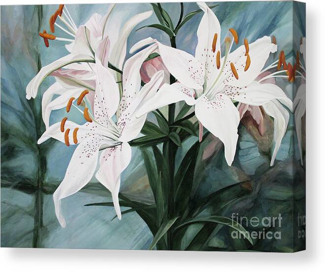 White Flower Canvas Print featuring the painting White Lilies by Laurie Rohner