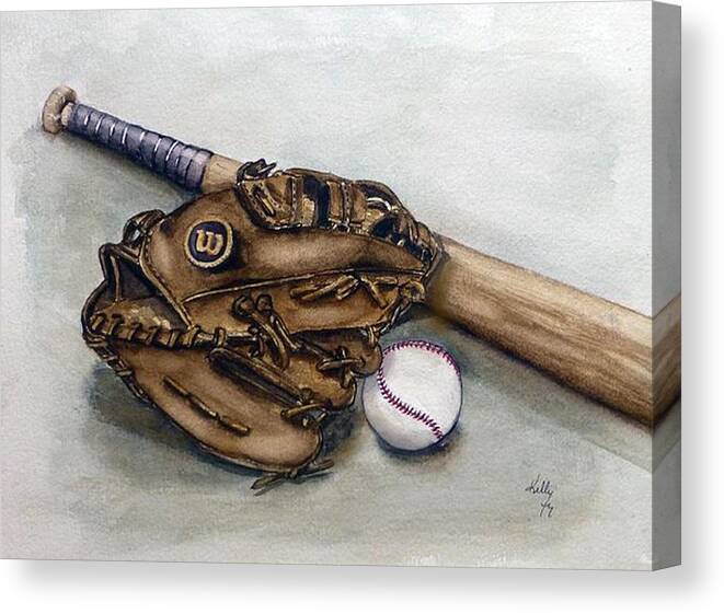 Major League Baseball Canvas Print featuring the painting Wilson Baseball Glove and Bat by Kelly Mills
